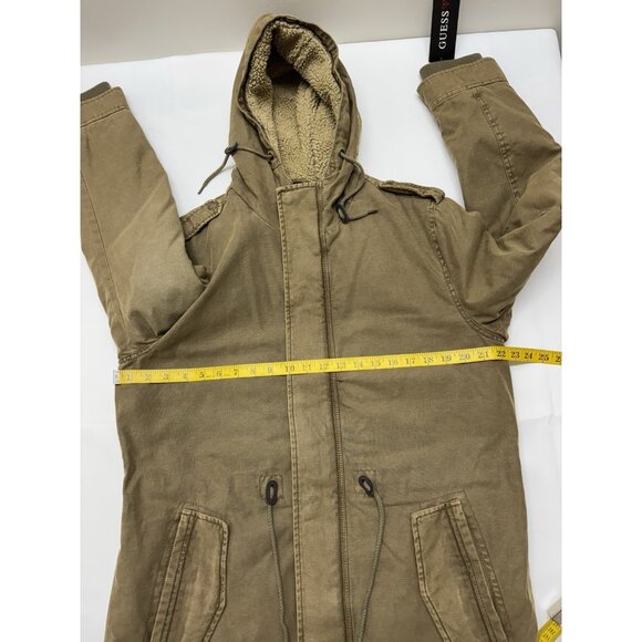 Guess Mens M Coat Khaki Twill Field Jacket Sherpa Hood Quilt Liner Mid Length - Picture 5 of 11